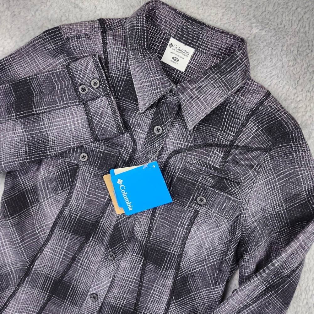 Columbia Flannel Shirt Womens XS Sandy Mile Plaid Gray Black Outdoor Hiking